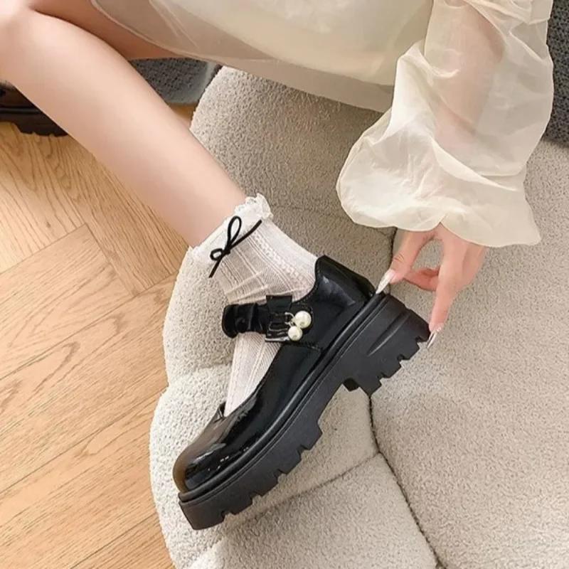 Fashion Loafers Ladies Pumps Japanese Style Lolita Gothic Pearl Mary Jane Kawaii Women's Shoes Cute Round Toe Platform with Medium Heels