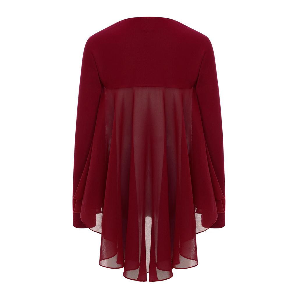 Топ для выступлений для девочек, стиль с открытой передней частью, неровный подол, болеро с крыльями ангела, соревновательный наряд