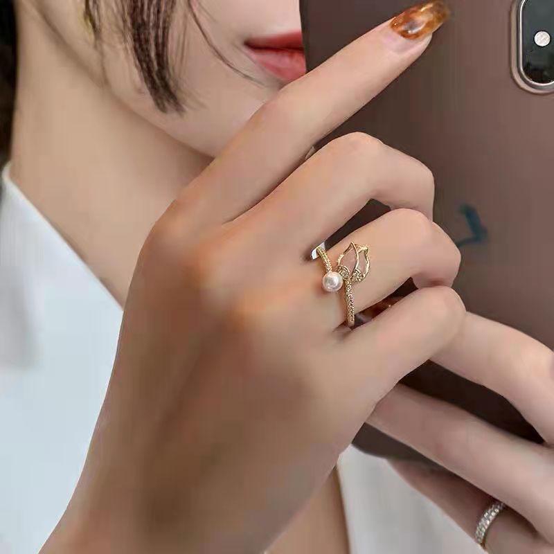 Женское кольцо с цветком тюльпана и жемчугом, модное темпераментное открытое кольцо, элегантные ювелирные изделия