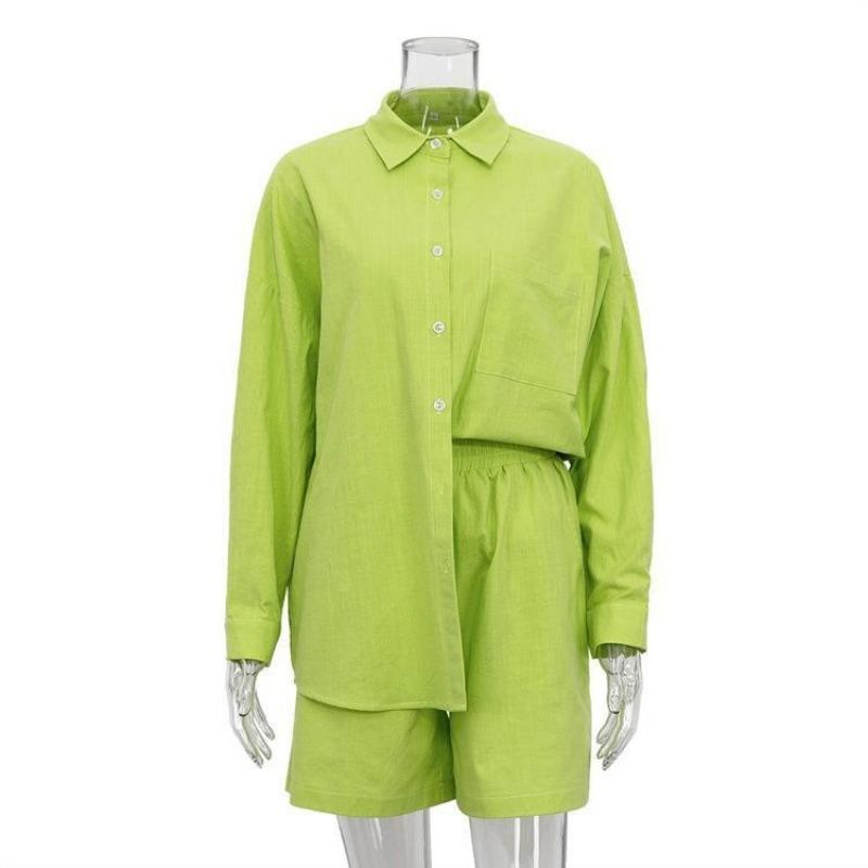 Модная рубашка с длинным рукавом и свободные широкие шорты, комплекты женских пуговиц, весна-осень, эластичная талия, повседневные шорты, костюм, наряды, элегантная одежда 1083