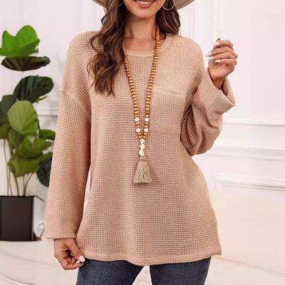 Женские топы с круглым вырезом и длинным рукавом, однотонная свободная футболка, эластичная повседневная блузка, повседневная одежда