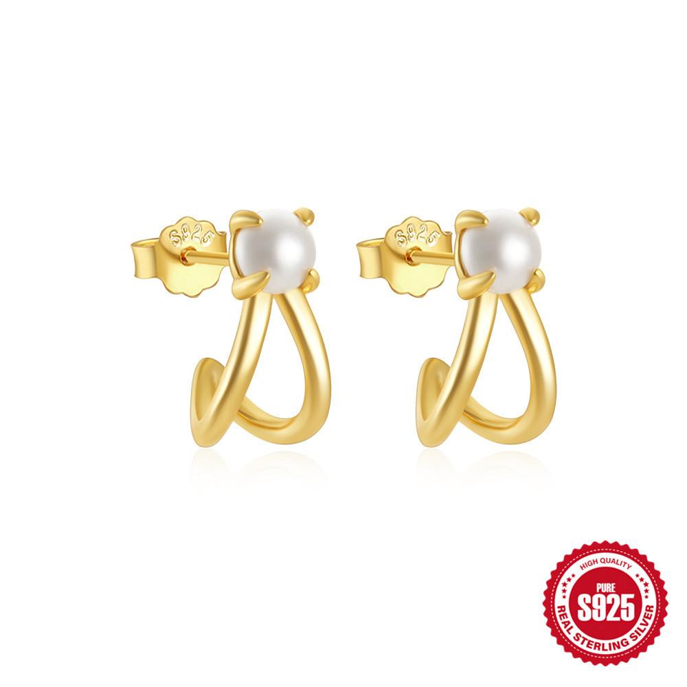 Light Luxury S925 Sterling Silver Geometric Cross Micro-Inlaid C-Shaped Personality Metal Temperament Earrings Earrings Ear Hooks