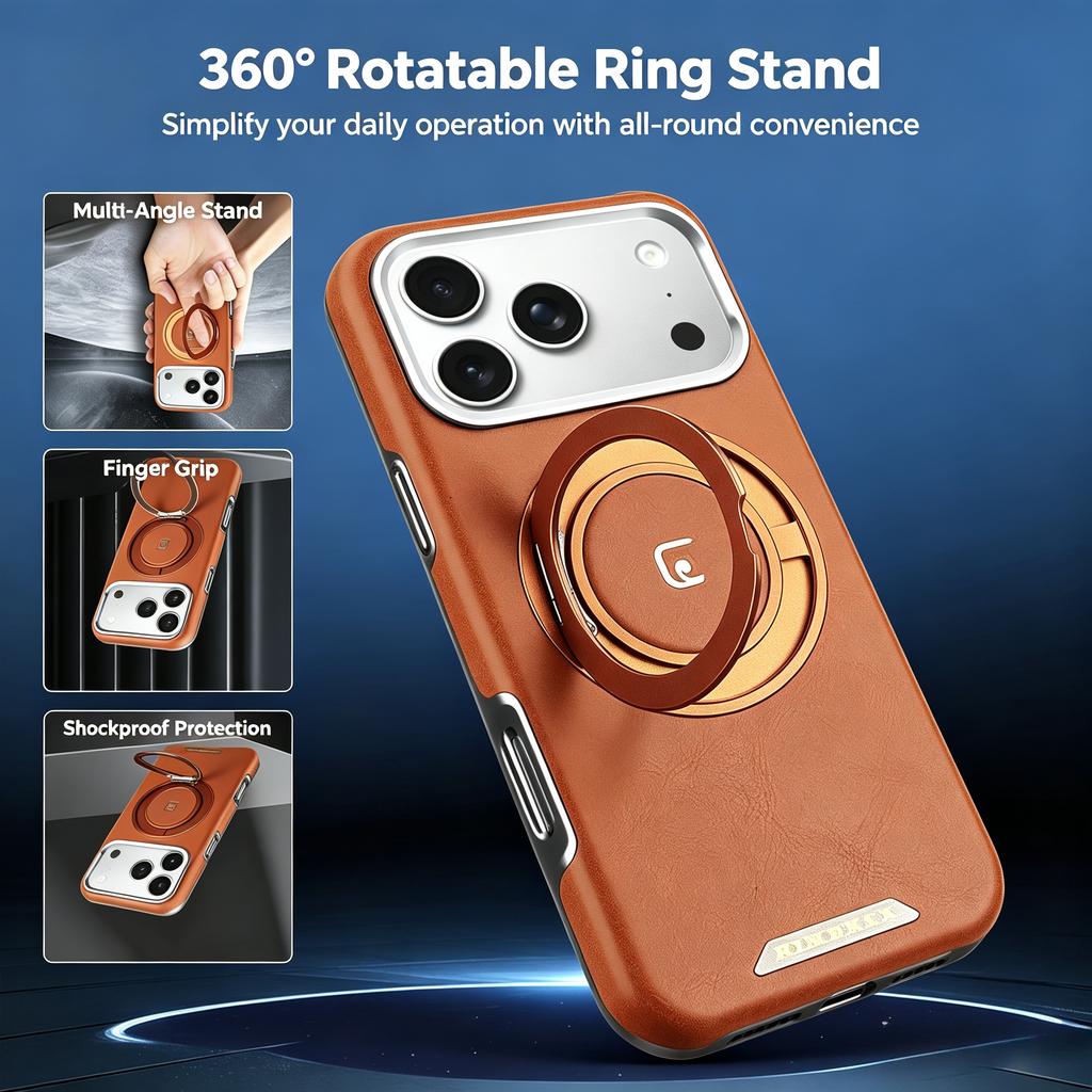 360° Вращающаяся подставка-кольцо Кожаный чехол для IPhone 18 Pro Max 17 Air 16 Pro 15 Plus 14 13 12 Магнитный кронштейн для зарядки Чехол для телефона