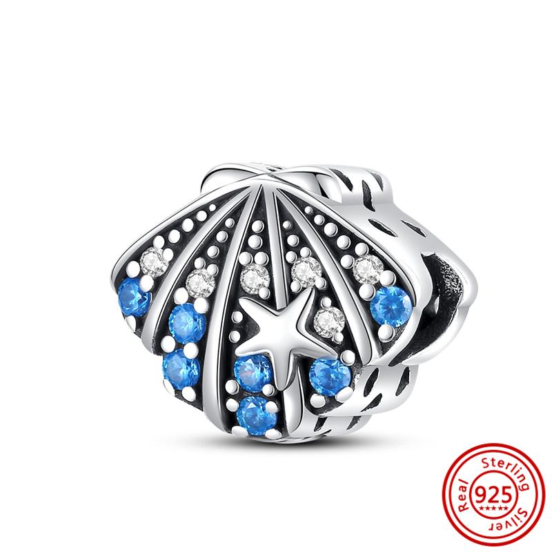 Новинка S925, серебристо-синяя подвеска, висячие морские животные, морская звезда, русалка, рыбья ракушка, подходит для оригинального браслета, бусины, подарок, ювелирные изделия своими руками