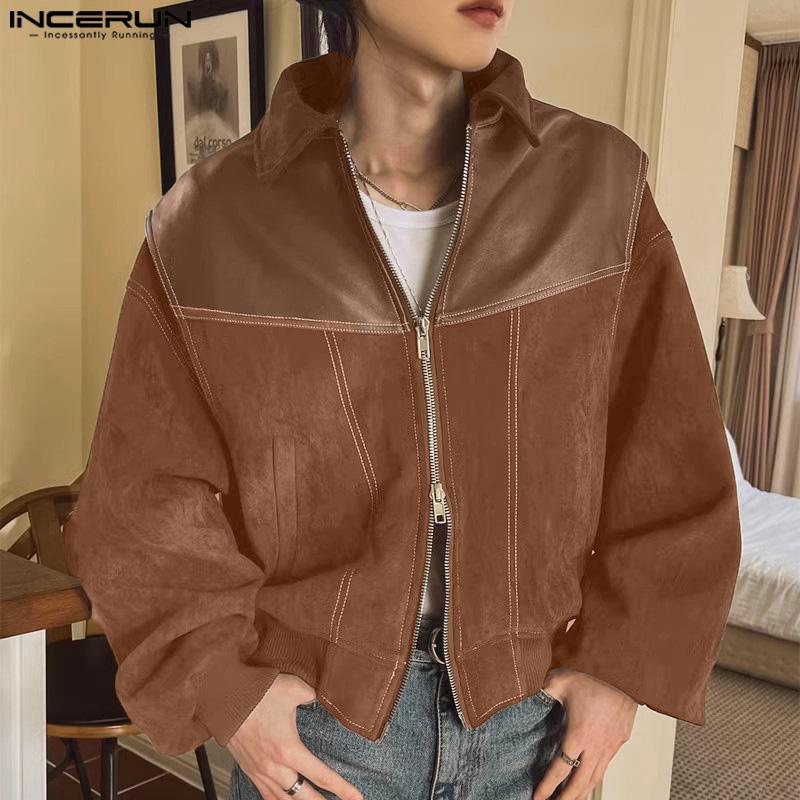 INCERUN Винтажные мужские лацканы с длинным рукавом на молнии из кожи PU в стиле пэчворк из замши, куртки