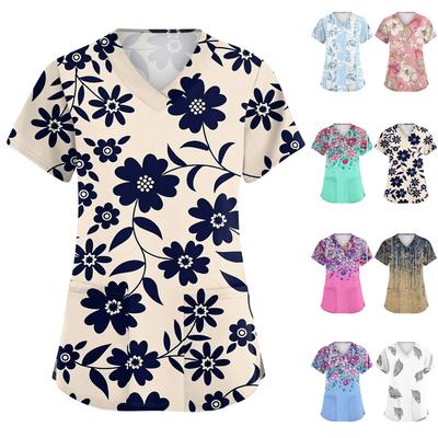 Женская милая блузка с принтом бантиков, рабочая одежда, V-образный вырез, двойной слой, карманы, базовая, с коротким рукавом, пуловер