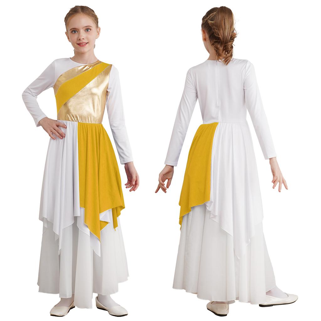 Детское платье для лирических танцев для девочек, асимметричная юбка с металлическим контрастом и длинными рукавами, платье для выступлений, костюмы