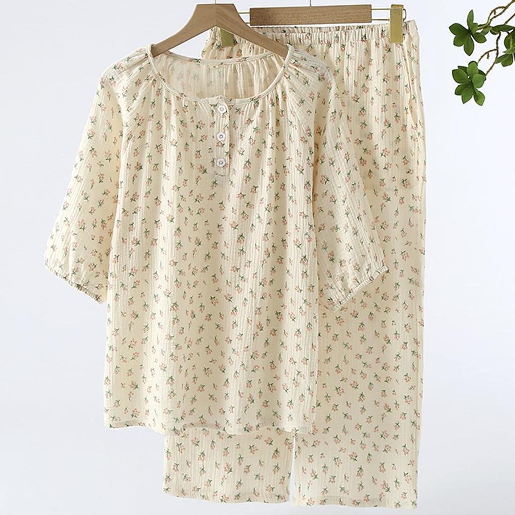 Летний Комплект Пижамы с Цветочным Верхом и Газовыми Штанами Японский Дневной [SISOFTLY] Пижама, Комплект из 6/8 предметов, Джинбей, Женская, Летняя, Хлопок, Брюки 7/8,