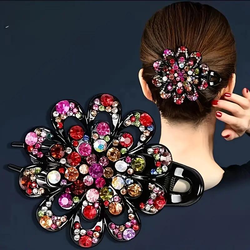 Flower Hair Clip Crystal Rhinestone- Fancy Ponytail Barrette Elegant Hair Clip for Women