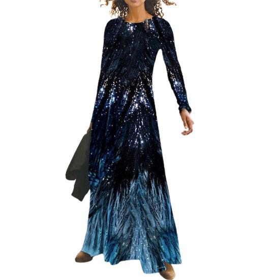 Леди Нижние юбки размера плюс длинное платье с принтом и блестками Весеннее тонкое платье макси с круглым вырезом для банкета