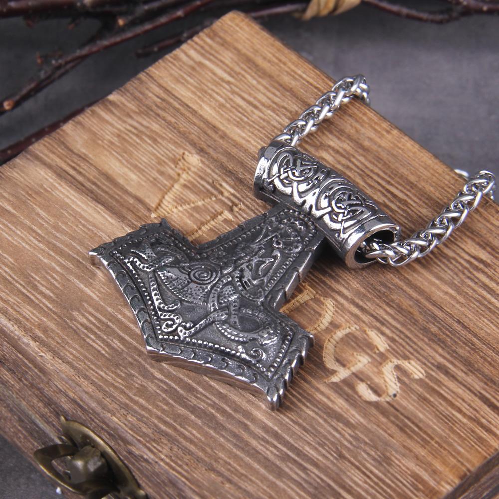 Norse Vikings Thor Hammer Mjolnir Necklace Stainless Steel Chain Viking Rune Amulet Vegvisir Pendant Male Jewelry