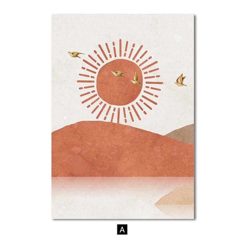 Скандинавский пейзажный постер, настенный художественный холст с принтом, картина «Горный олень, луна, восход солнца», современная абстрактная живопись для декора гостиной