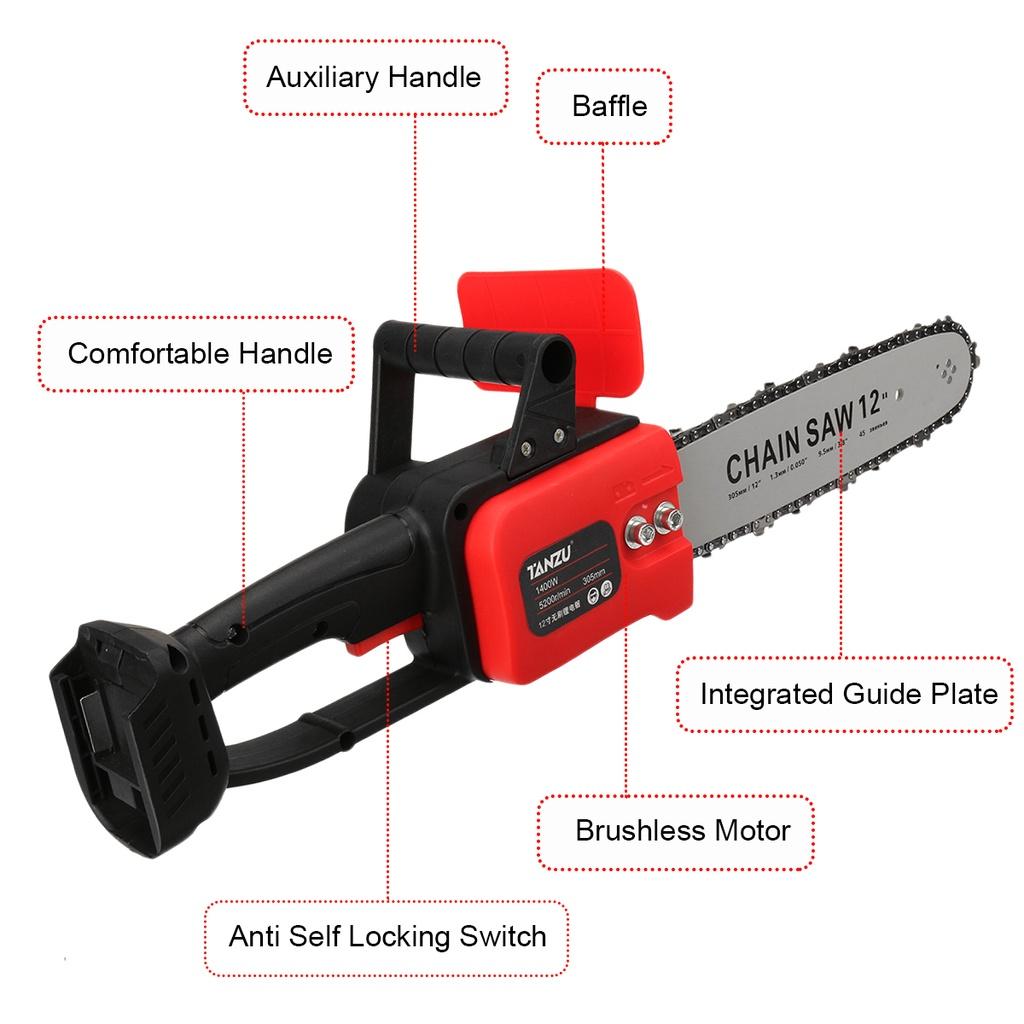 12 Inch 1400W Cordless Brushless Electric Chainsaw Portable One-Hand Saw Woodworking Wood Cutter For Makita 18V Battery
