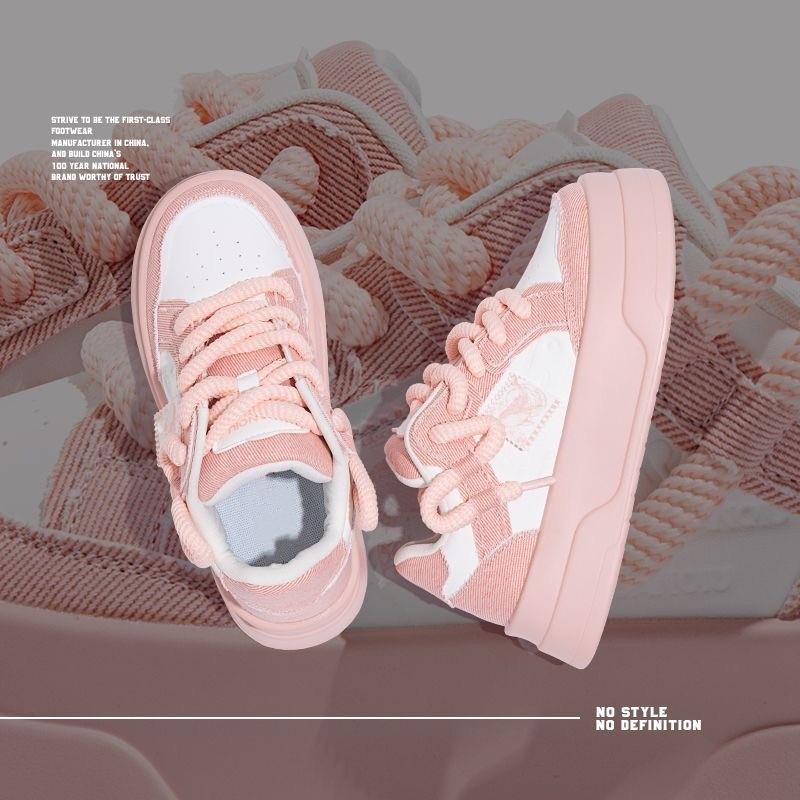 Women Pink Platform Skateboard Shoes Fashion Lace-up Comfortable Vulcanized Shoes Women Casual Sneakers Pu Leather Jogging Shoes