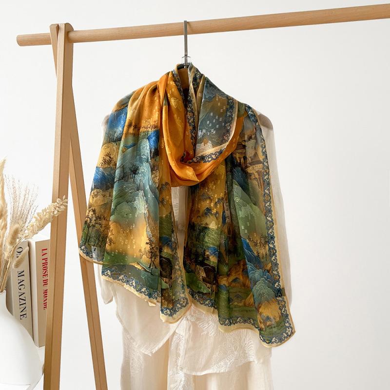 National Trend Panda Newspaper Bamboo Hollow Shawl for Women Plum Orchid Bamboo and Chrysanthemum Printed Silk Scarf Long High-end Sex Scarf