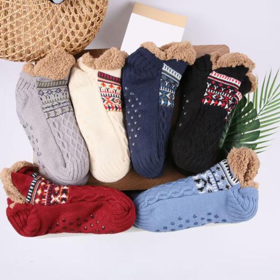 1 Pair Floor Socks Thickened Fleece-Lined Silicone-Dot Sole Slip-Resistant Traction Quiet Walking Socks with Jacquard Accents