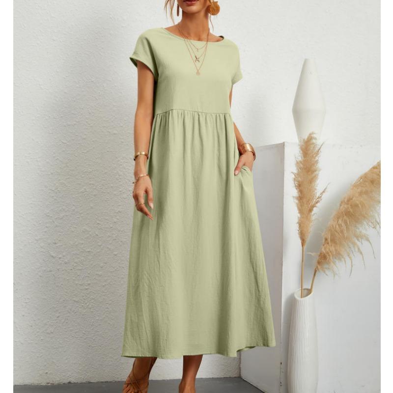 YYFS Женская мода лето весна однотонный принт с коротким рукавом и круглым вырезом свободная талия повседневные платья