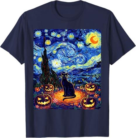 Halloween Black Cat Van Gogh Starry Night Cat Costume Women TShirt Y2k Kitten Pumpkin Spooky Graphic Outfit Novelty Tee Gifts