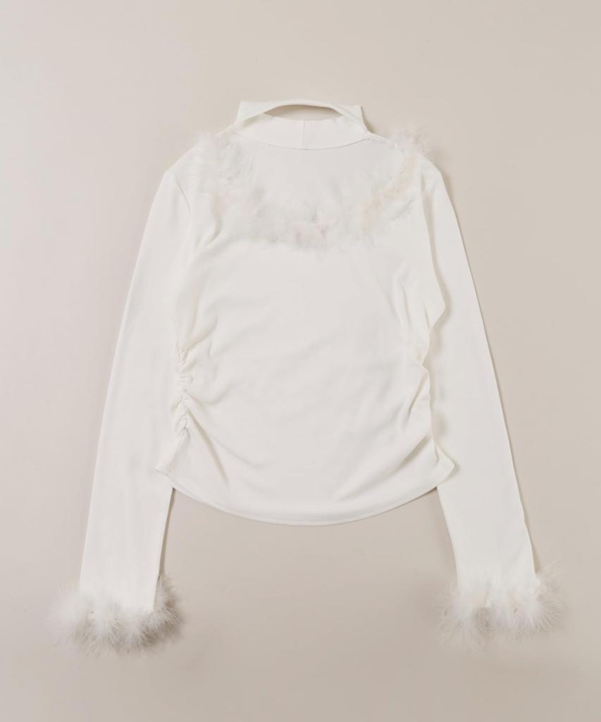 WEGO PHILLY Faux Fur Piping Long Sleeve Korean Size White T-Shirt, Style, Girly, Casual, Gift, Spring, Autumn, Winter, Women's, F,