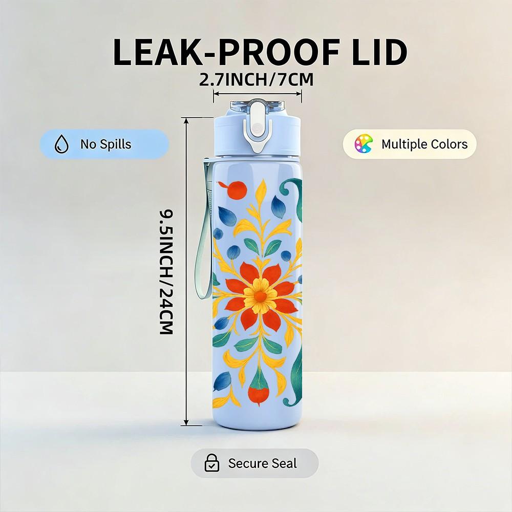 1PC Moroccan Tile Colorful Floral Print 750ml Color Plastic Sports Water Bottle Leakproof Flip Straw Lid Suitable for Sports Office Home Use