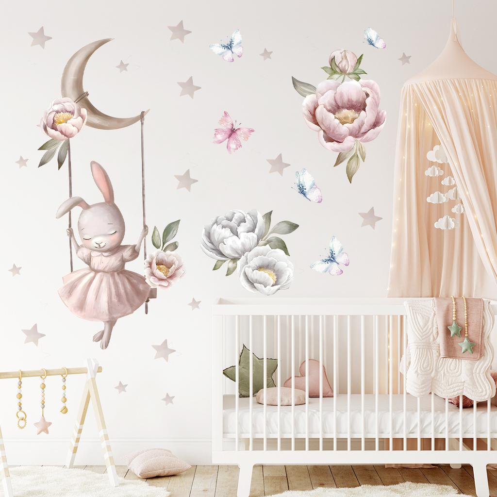 Watercolor Cartoon Rabbit Flower Butterfly Wall Stickers Removable for Kids Girls Rooms Nursery Children Wall Decals Home Decor