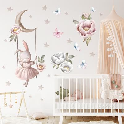 Акварельные мультяшные кролики, цветы, бабочки, наклейки на стену, съемные для детских комнат, для девочек, для детских комнат, для домашнего декора