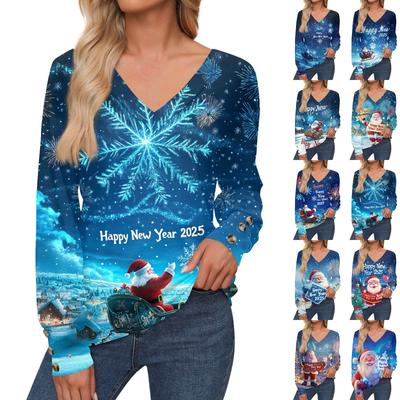 Женская мода повседневная длинная рукава рождественский принт V-образный вырез свитер топ