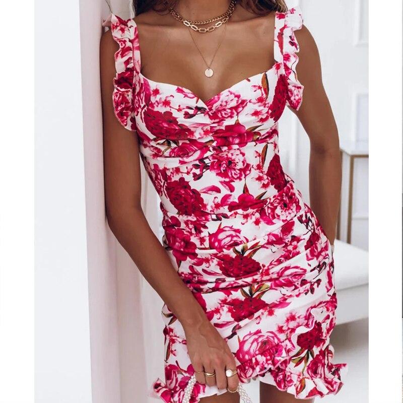 Summer Ruffle Party Dress Fashion Square Collar Sleeveless V-neck Floral Dress Mini Dress For Women Vestidos Elegant 21391