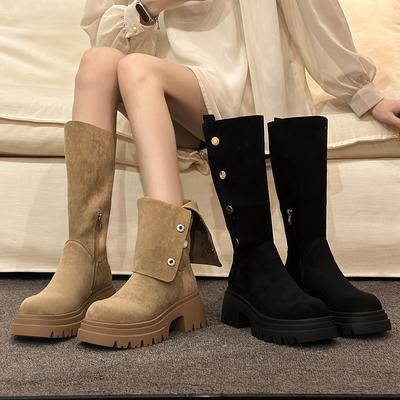 Дизайн Толстая подошва Увеличение роста Длинные сапоги Женские Замшевые До середины икры Рыцарские сапоги Массивный каблук Теплые Вестерн сапоги Повседневная женская обувь