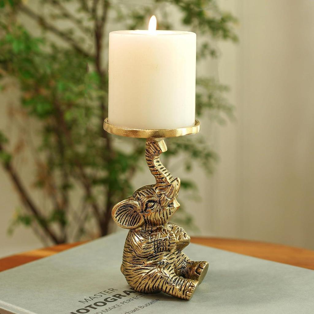 Aluminium Elephant Pillar Candle Holder Statue for Home Decor | Tabletop Showpiece for New Home Diwali Ganpati Decoration
