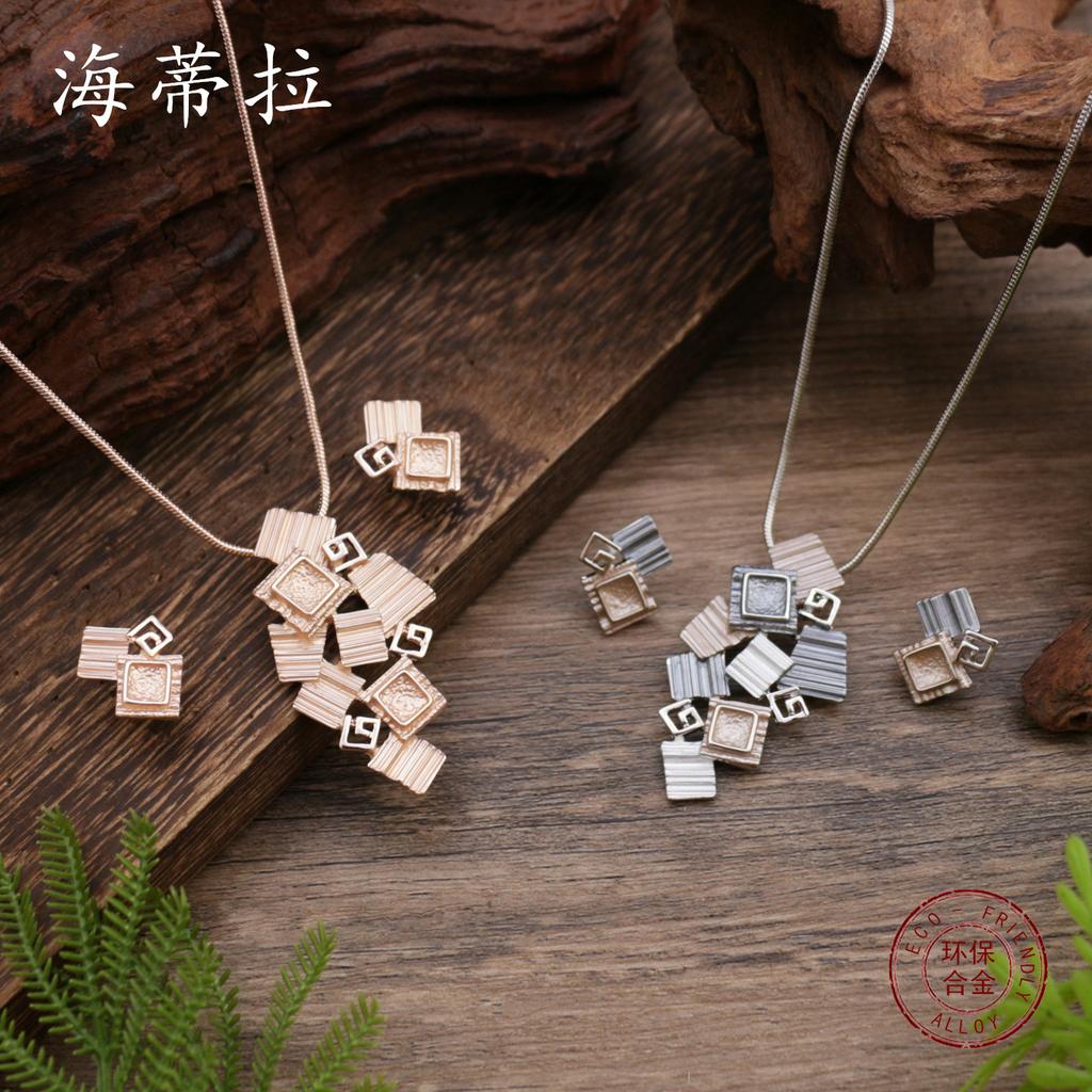 Новый эмалевый цветной квадратный геометрический набор сережек-гвоздиков и подвески, женское простое и универсальное геометрическое квадратное ожерелье