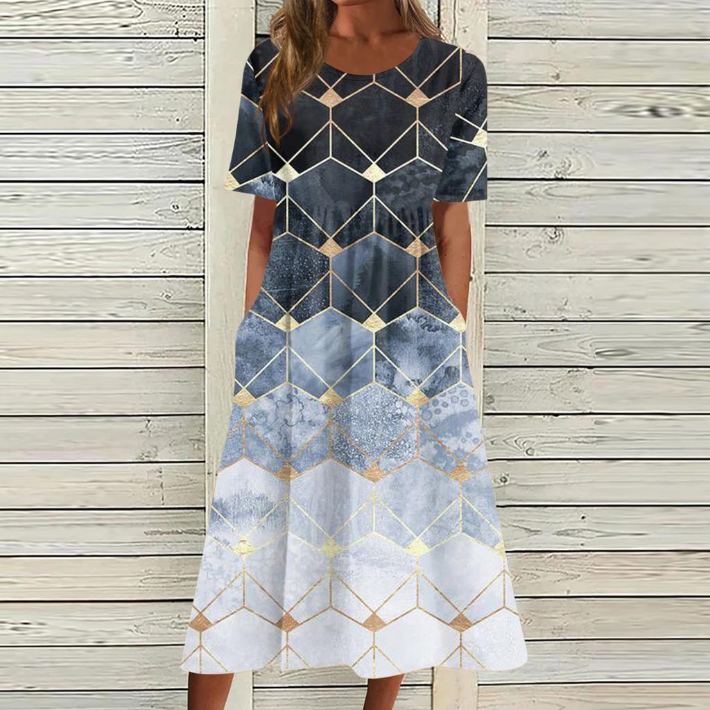 Жен. Повседневные платья Платья с принтами Летние платья С принтами Плиссированные платья-миди с круглым вырезом Классический Классический На открытом воздухе Повседневные С короткими рукавами Свободные платья