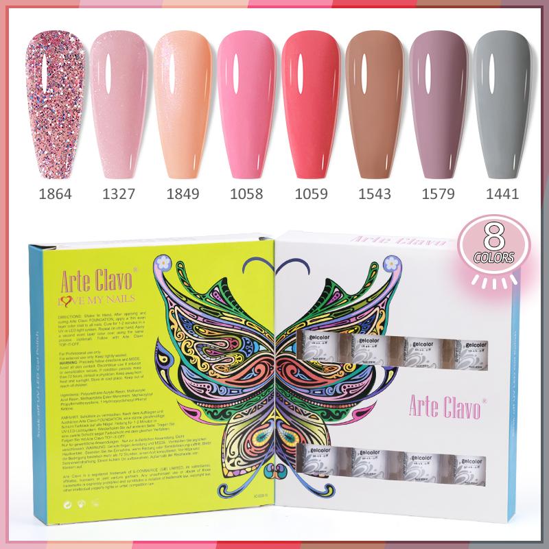 Arte Clavo 8 бутылок/набор, высококачественный блестящий гель-лак для ногтей для маникюра, гель-лак для дизайна ногтей, верхнее базовое покрытие, лак
