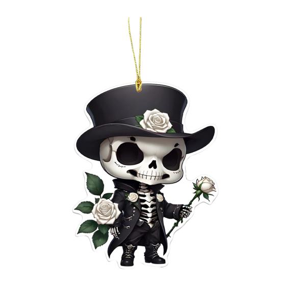 Skeleton Rose Pendant Car Rearview Mirror Ornament Acrylic 2D Bag Pendant Halloween Christmas Decoration Gift for Car Enthusiasts