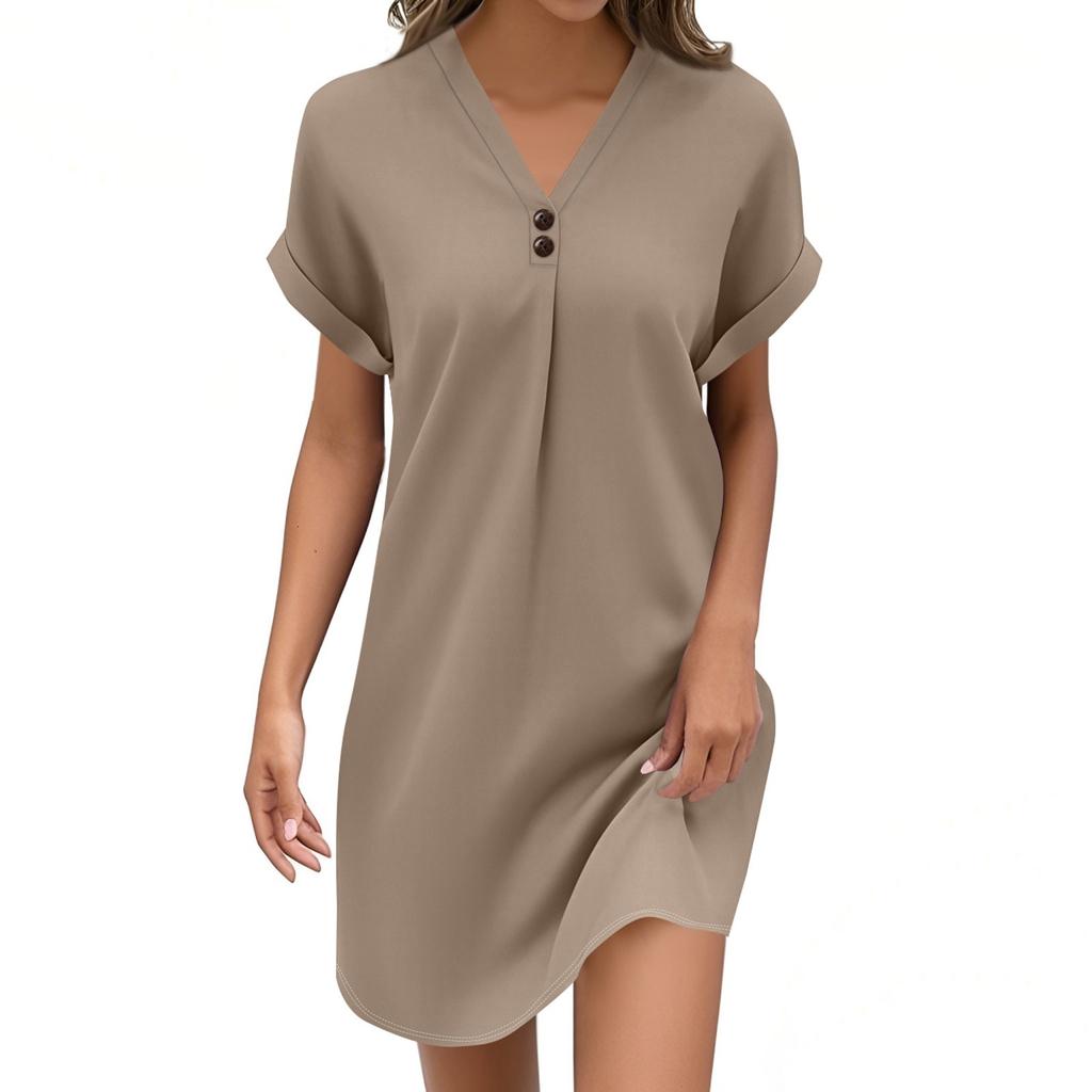 Women's Fashion V-neck Solid Color Pullover Casual Button Dress