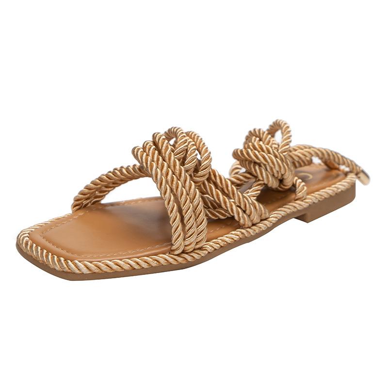 Модные женские сандалии Two Wear, плоские тапочки из пеньковой веревки, повседневные женские туфли большого размера 42 с квадратным носком и плоским каблуком