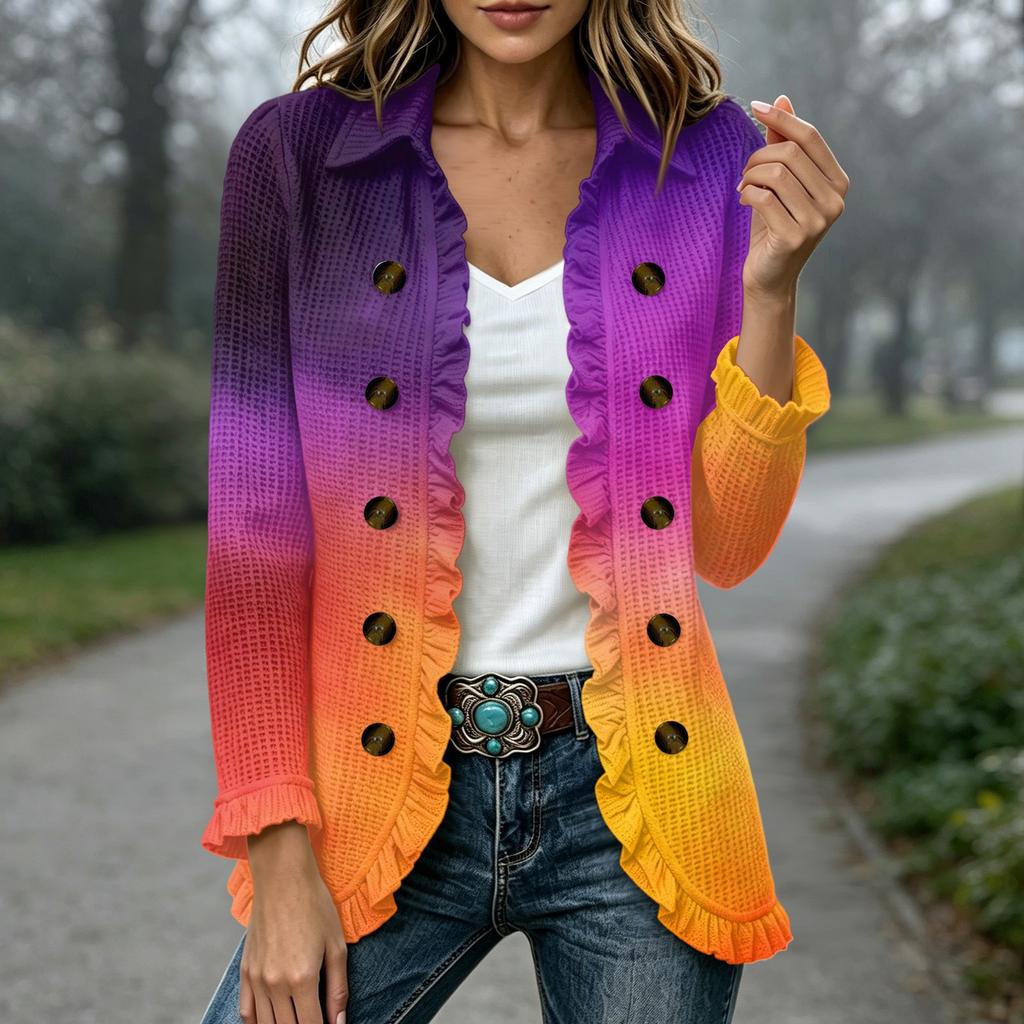 Women's Tie- Print Long Sleeve Ruffle Open Front Cardigan Casual Outerwear for Daily Wear