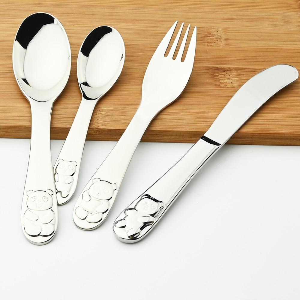Серебряная посуда с рисунком панды, мультяшный узор 304, набор столовых приборов, столовые приборы, ложка, вилка, нержавеющая сталь, десертная детская посуда