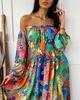 2025 V-Neck Retro Long Sleeve Printed Evening Dress - Spring/Summer Collection