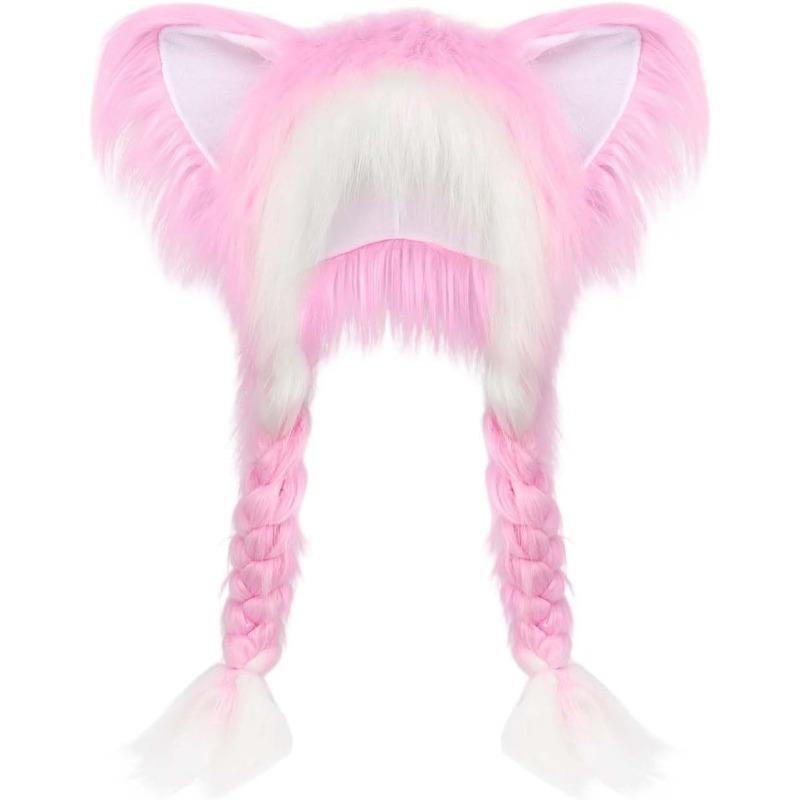 Cute Plush Cat Hat, Soft Furry Animal Ear Hat with Braids Winter Warm Earmuffs Head Mask Cosplay Accessory