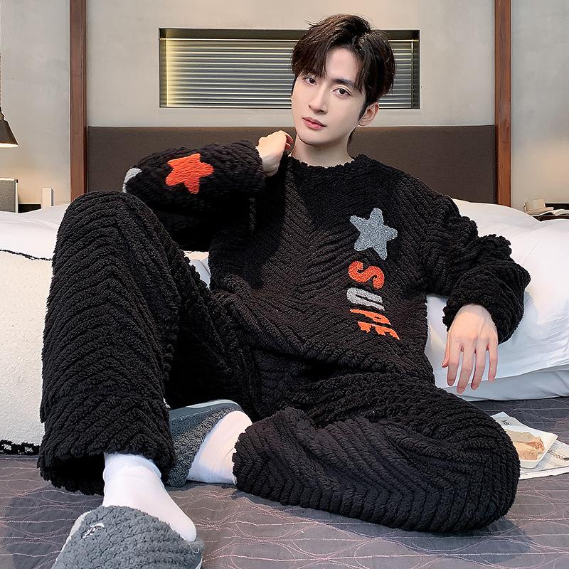 Мужская пижама из кораллового флиса, осень-зима, плюс утолщенный бархат, мужской зимний теплый фланелевый домашний служебный костюм