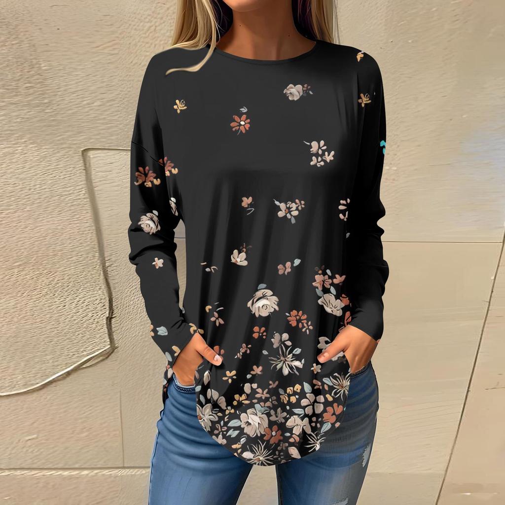 Женская свободная футболка с длинным рукавом с круглым вырезом и принтом, верхний пуловер