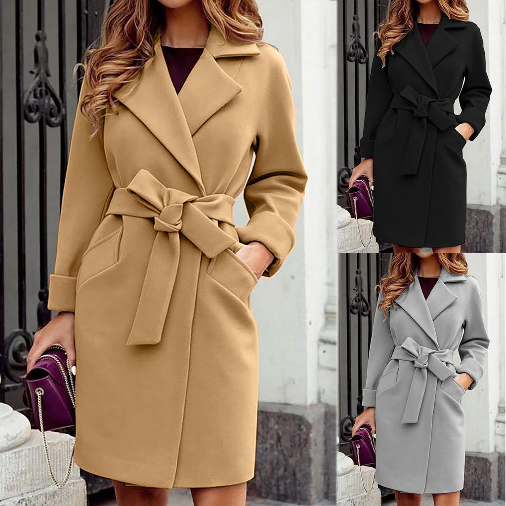 Autumn Winter Coats For Women Wool Blend Long Jackets Turn Dowmn Collar Slim Belt Bandage Outerwear Overcoat