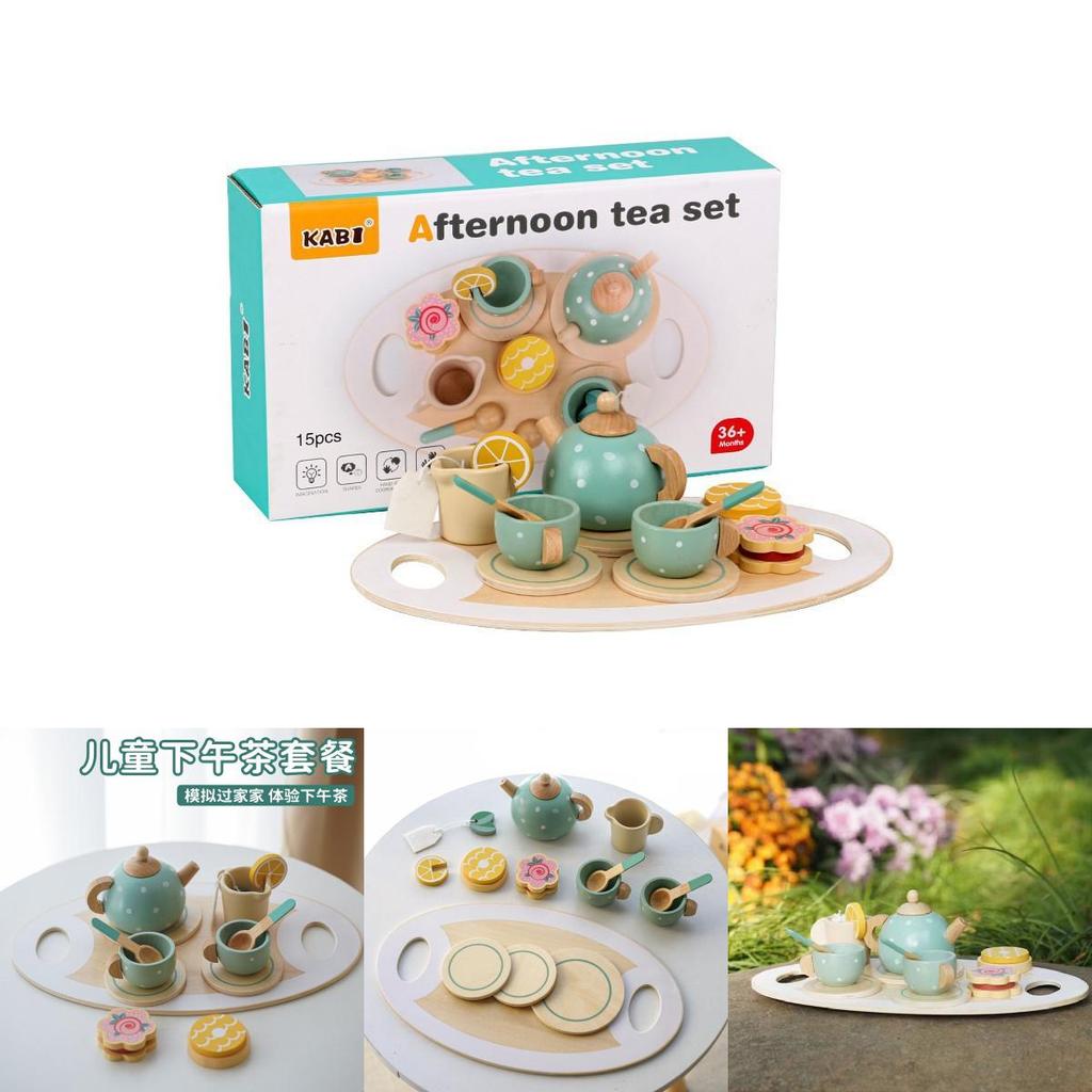 Children Play Tea Set With Wooden Cake And Pots For Creative Kitchen Pretend Games