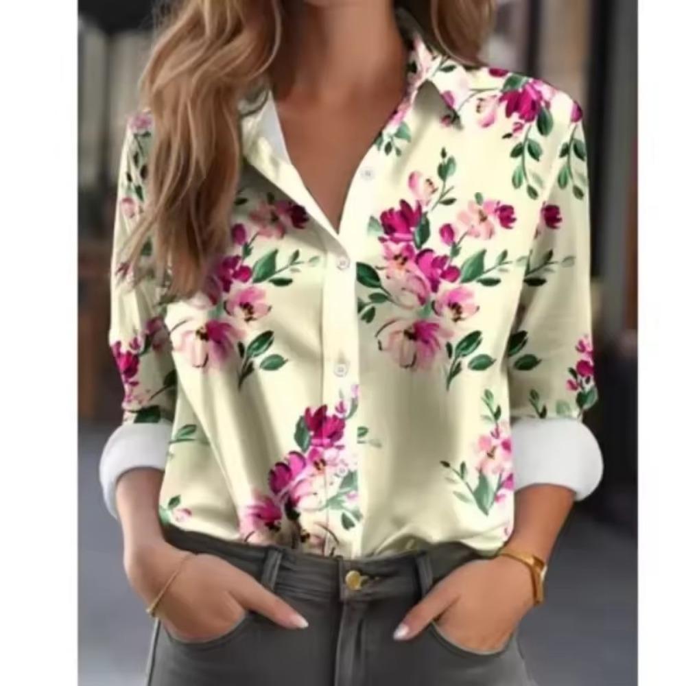 Женская Модная Блузка с Цветочными Блоками и Пуговицами Блузка с Воротником-Лацканами Женские Рубашки с Длинным Рукавом Женская Одежда Женская Одежда