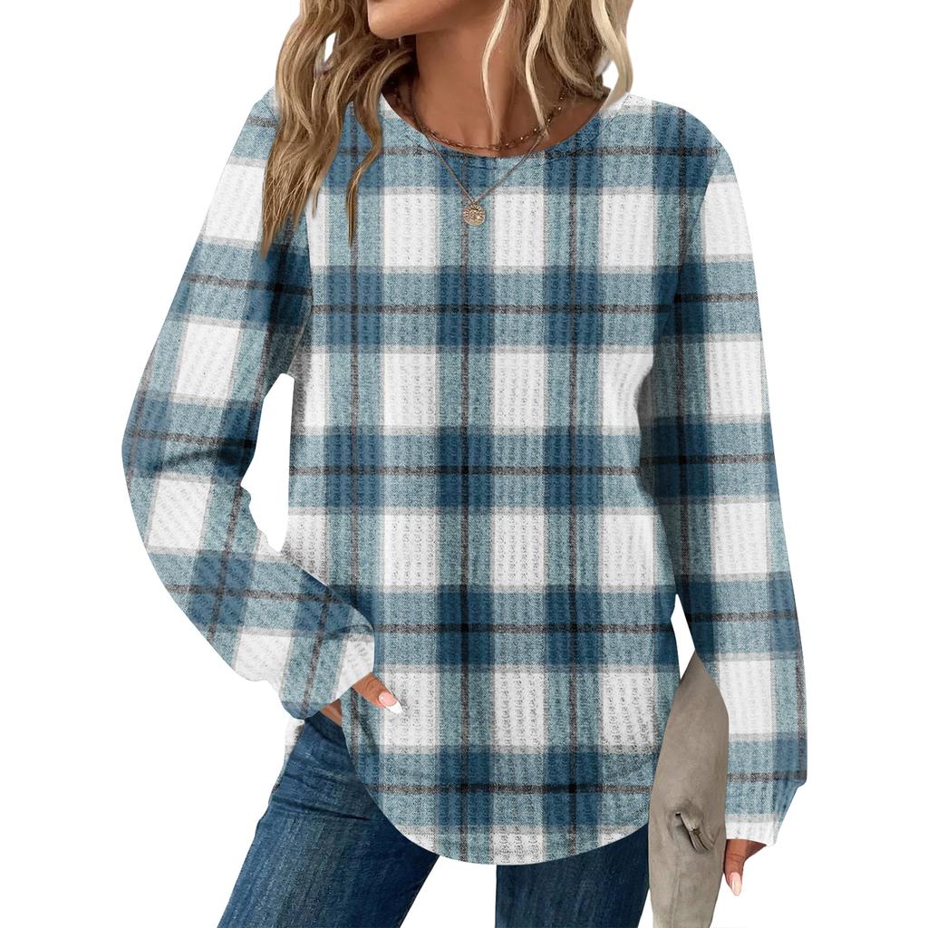 Женский повседневный топ свободного кроя с круглым вырезом и длинными рукавами в клетку