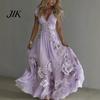 A-line Silhouette Dress Summer Floral Maxi for Women Short Sleeve V Elegant Printed Neck Swing Beach Vacation Sundress Lightweight