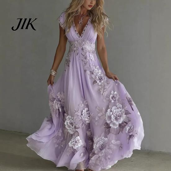 A-line Silhouette Dress Summer Floral Maxi for Women Short Sleeve V Elegant Printed Neck Swing Beach Vacation Sundress Lightweight