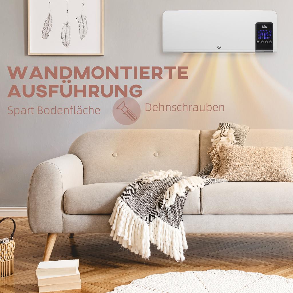 Electric Heater, Wall Mount, Oscillation Function, 2 Modes, Timer, LED Display, White