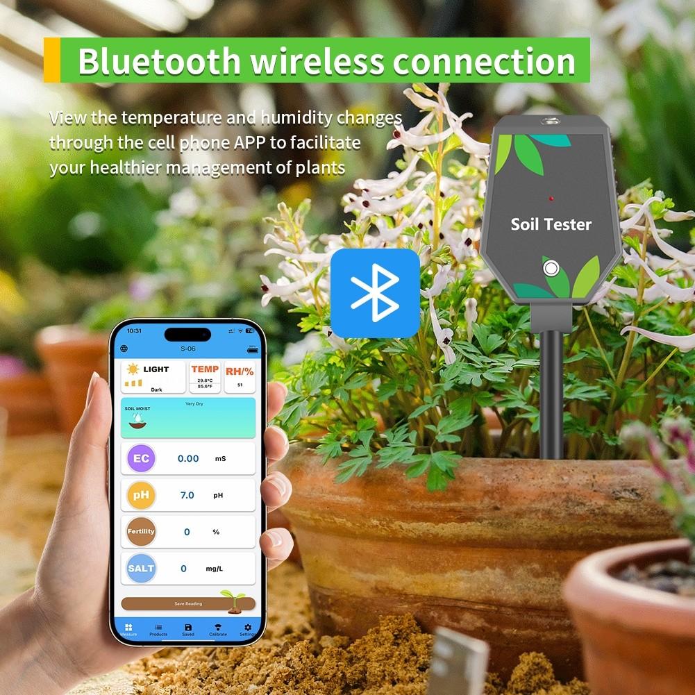 Умный Bluetooth тестер почвы 8 в 1 EC/pH/Плодородие/Соль/Влажность воздуха/Температура/Солнечный свет/Мониторы влажности почвы